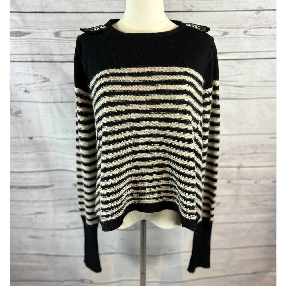 Free People Boho Striped Sweater Women Large Black Cream Knit Pullover